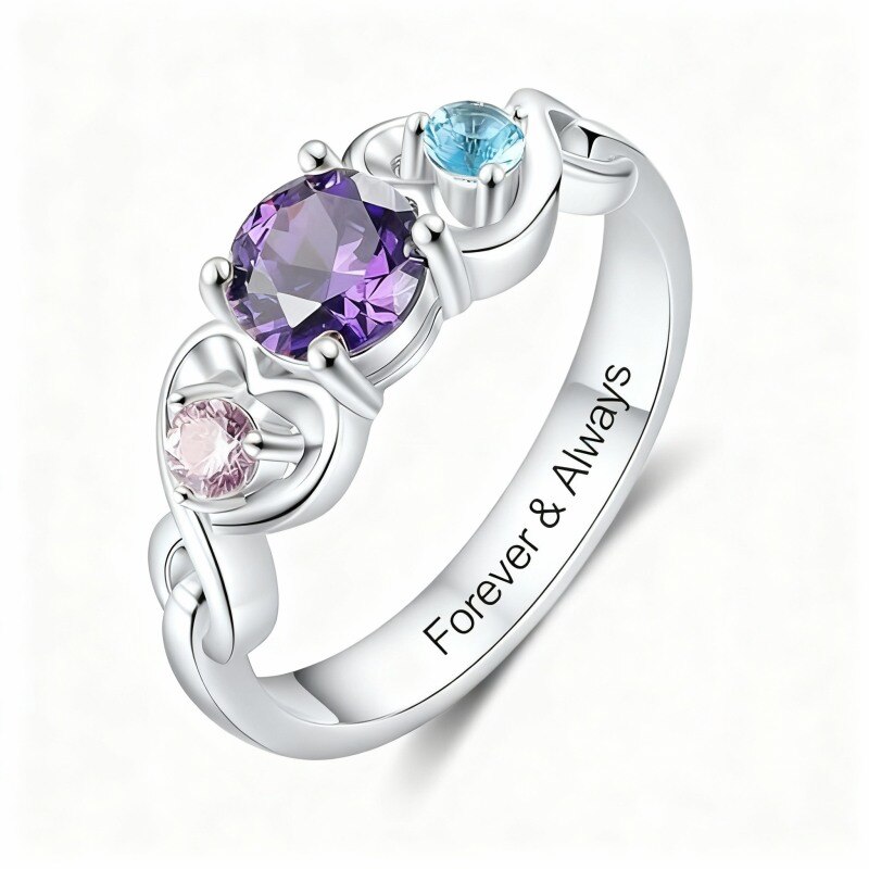 Bague en or blanc 10 carats avec zircon cubique, pierre de naissance et gravure personnalisée-3