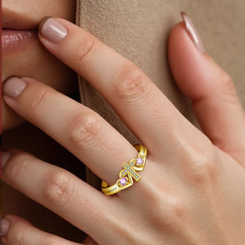 Bague personnalisée en or rose 14 carats avec zircon cubique, pierre de naissance et gravure personnalisée-2