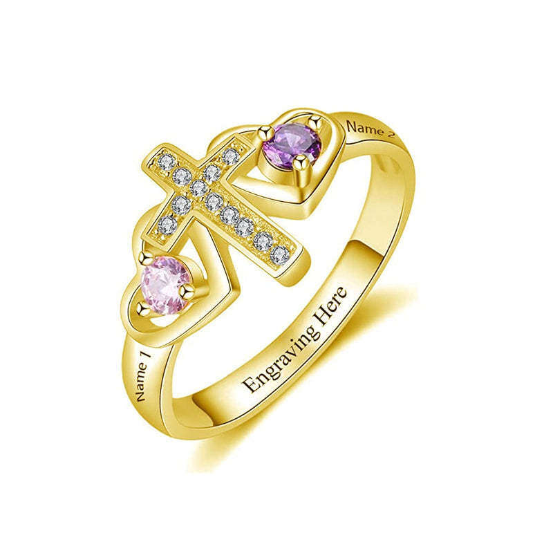 Bague personnalisée en or rose 14 carats avec zircon cubique, pierre de naissance et gravure personnalisée-3