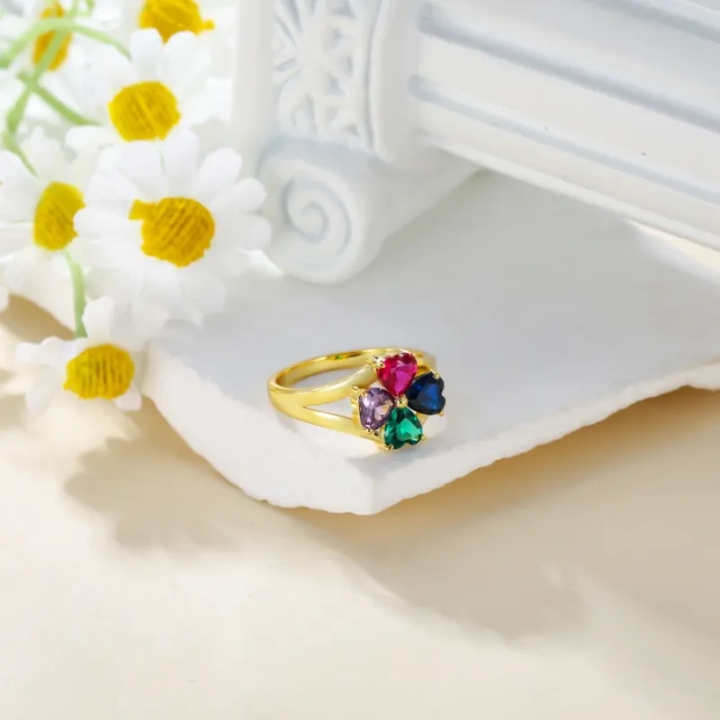 14-karätiger Goldring mit Zirkonia, personalisiertem Geburtsstein und Gravur-5