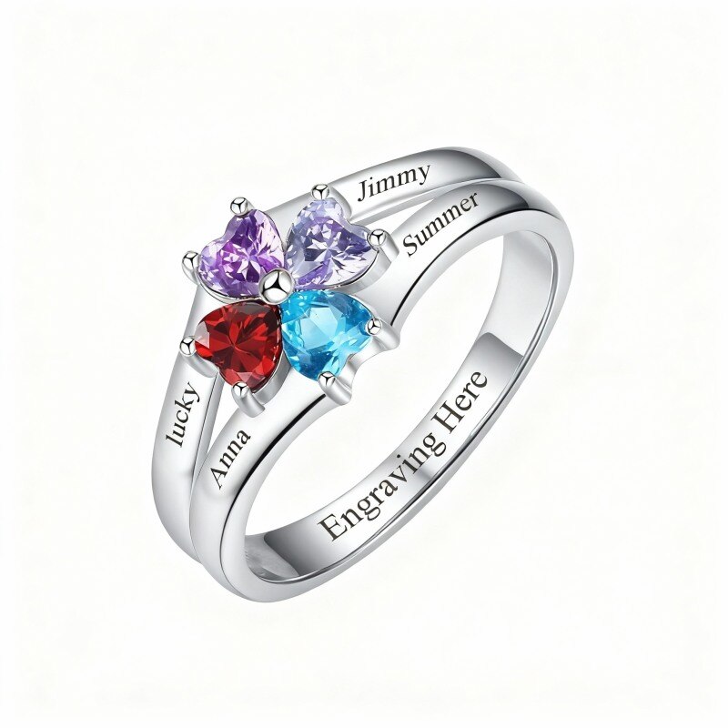 Bague en or blanc 10 carats avec zircon cubique, pierre de naissance et gravure personnalisée-6