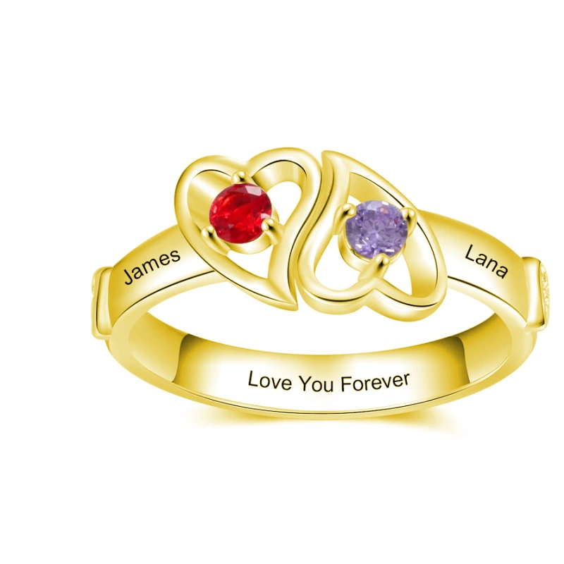 Bague en argent sterling plaqué or jaune avec pierre de naissance personnalisée et gravure-3