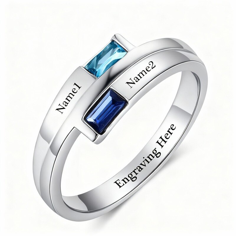 Anillo personalizado de oro blanco de 10 quilates con circonita cúbica, piedra natal y grabado personalizado-18