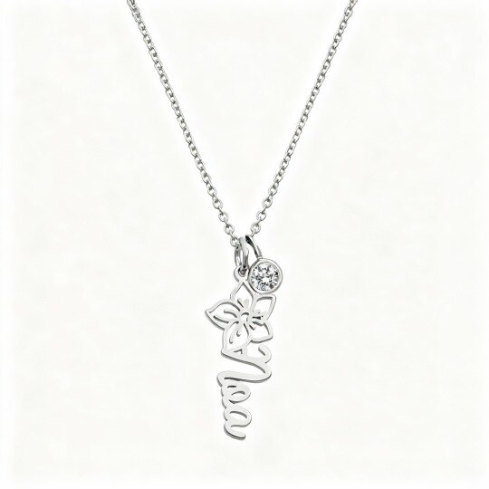 Collar con colgante de flores silvestres en oro blanco de 10 quilates con circonitas cúbicas, piedra natal personalizada y grabado personalizado.