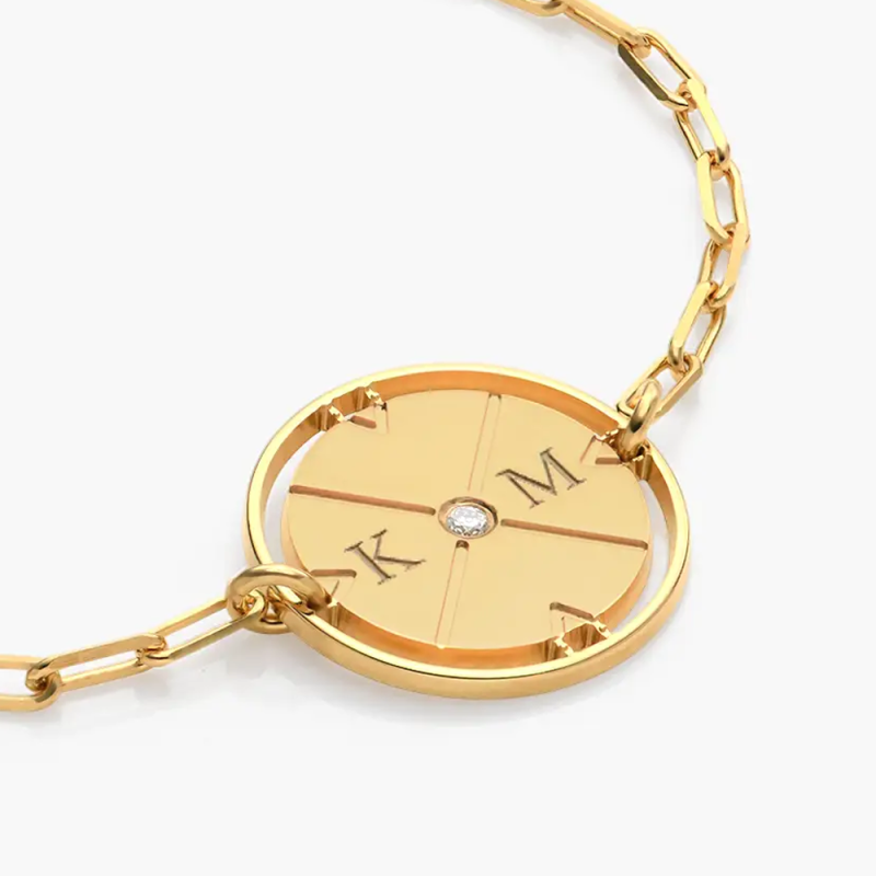 Pulsera de brújula personalizada con inicial y piedra natal en oro de 14 quilates para mujer y hombre-4