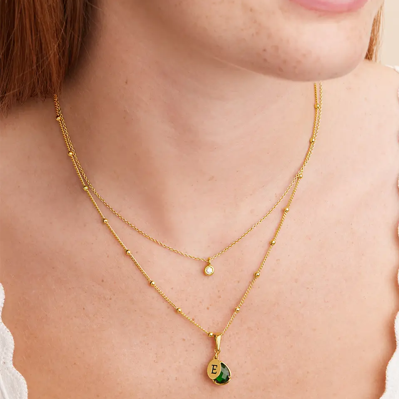 14K Gold Personalized Initial Letter Necklace with Birthstone for Women-2