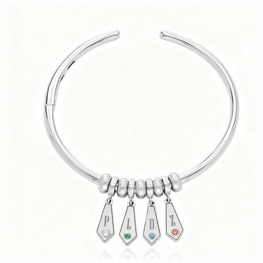 10K White Gold Cubic Zirconia Personalized Birthstone & Personalized Initial Letter Pendant Bangle Bracelet