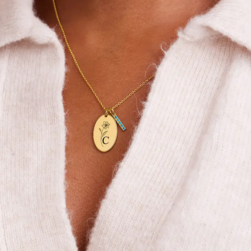 10K White Gold Cubic Zirconia Personalized Birthstone & Personalized Initial Letter Pendant Necklace-2