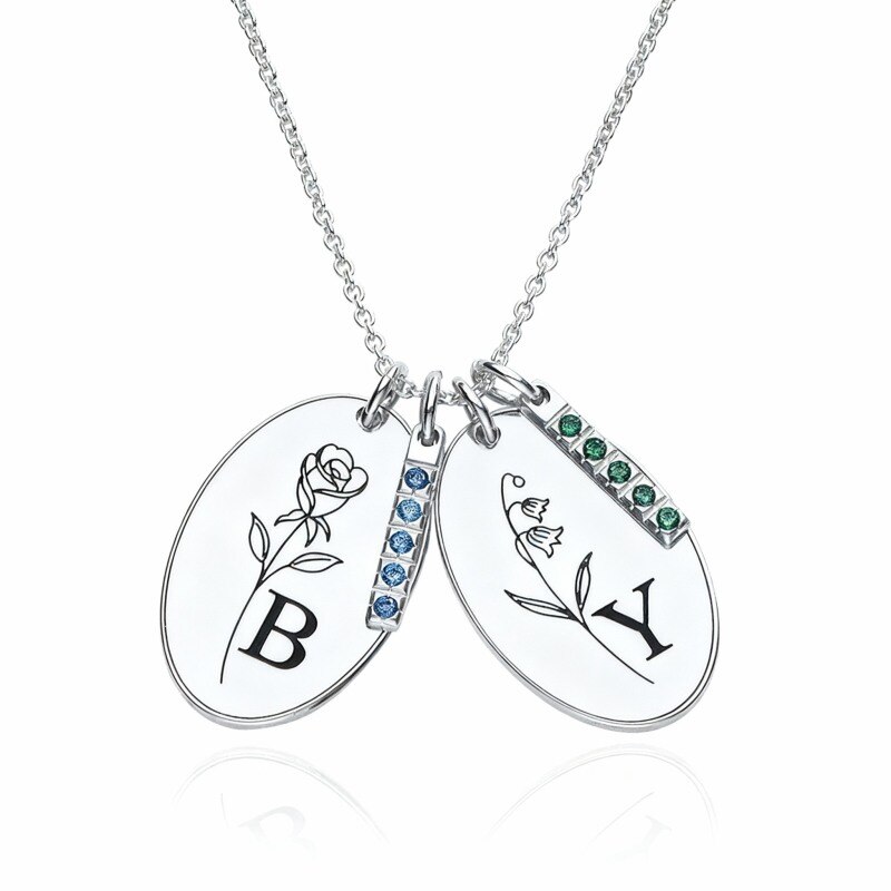 10K White Gold Cubic Zirconia Personalized Birthstone & Personalized Initial Letter Pendant Necklace-1
