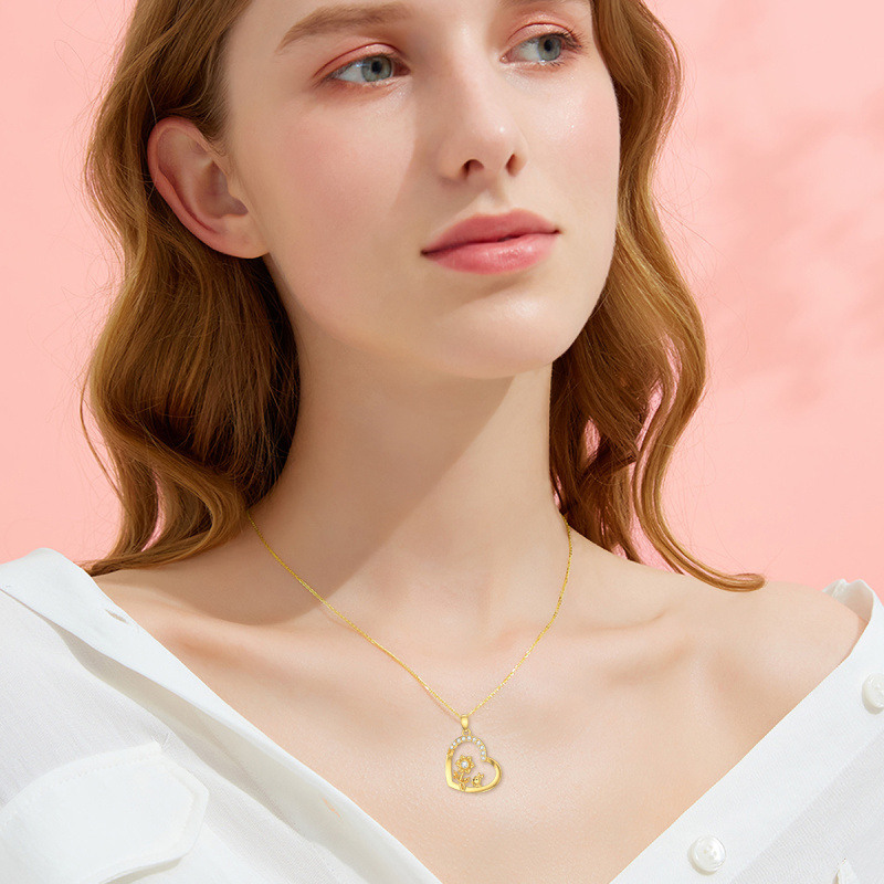 10K White Gold Cubic Zirconia & Personalized Birthstone Rabbit & Sunflower & Heart Pendant Necklace-2