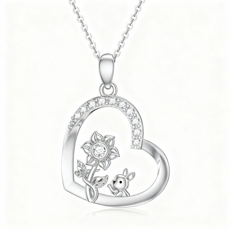 10K White Gold Cubic Zirconia & Personalized Birthstone Rabbit & Sunflower & Heart Pendant Necklace-1