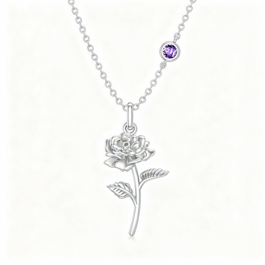10K White Gold Cubic Zirconia & Personalized Birthstone Rose & Grandmother & Mother & Sisters Pendant Necklace