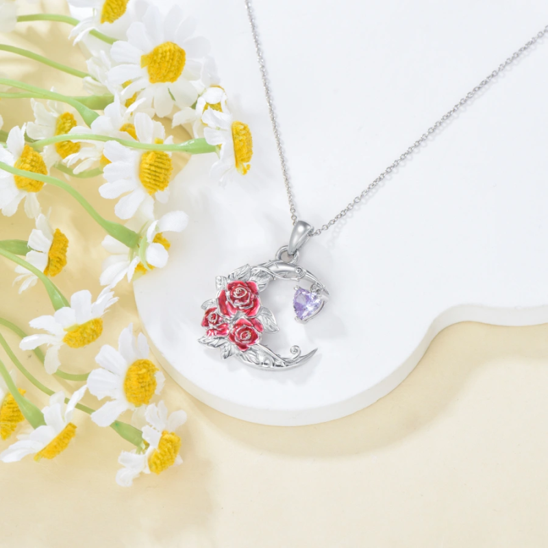 Collier en or blanc 14 carats personnalisé avec pierre de naissance, rose et cœur, lune pour femme-3