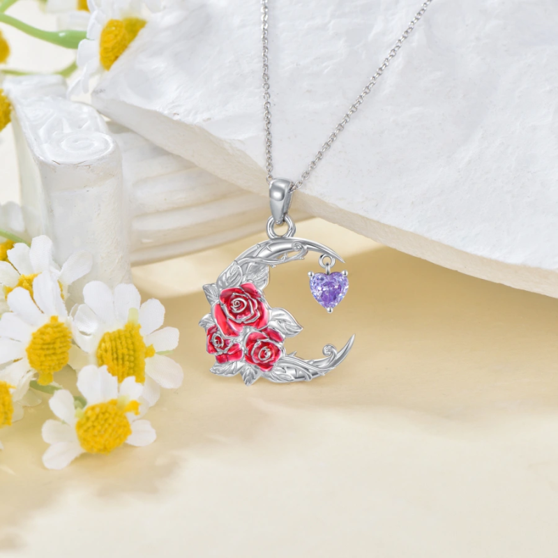 Collier en or blanc 14 carats personnalisé avec pierre de naissance, rose et cœur, lune pour femme-4