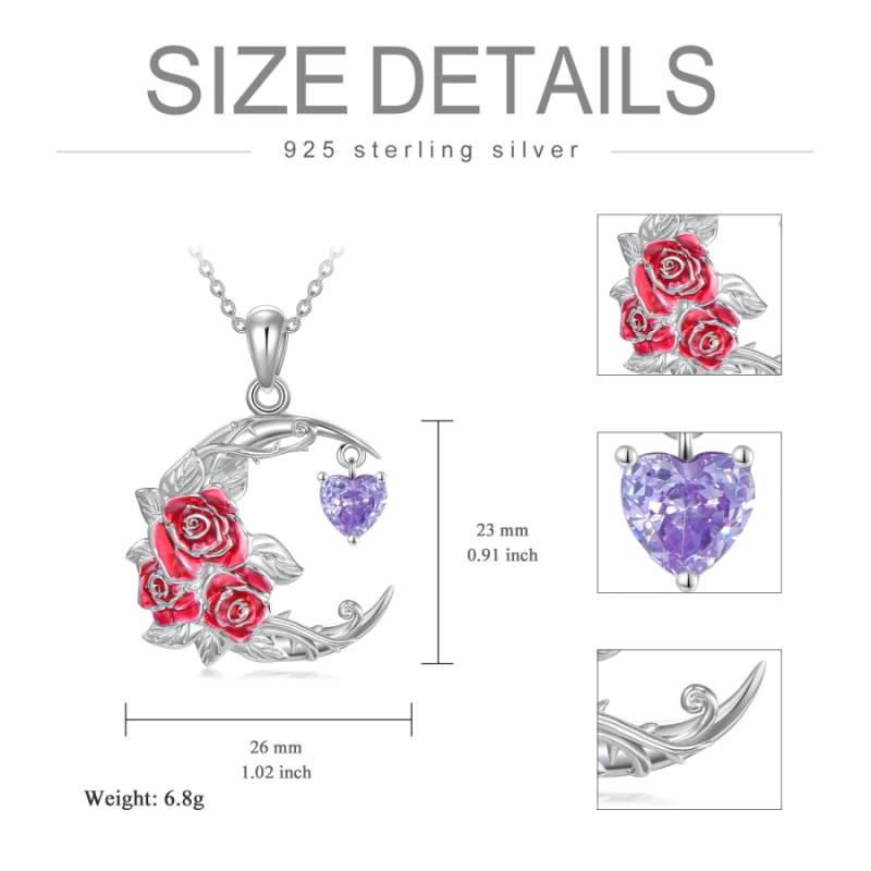 Collier en or blanc 14 carats personnalisé avec pierre de naissance, rose et cœur, lune pour femme-5
