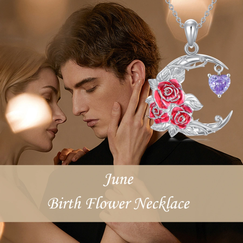 Collier en or blanc 14 carats personnalisé avec pierre de naissance, rose et cœur, lune pour femme-6