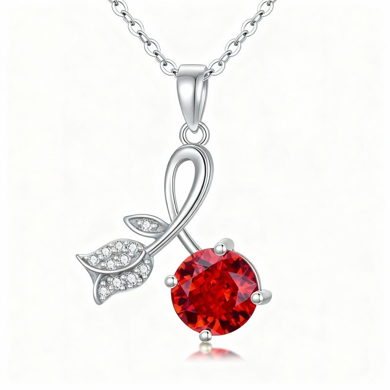 10K White Gold Cubic Zirconia & Personalized Birthstone Rose Pendant Necklace-1