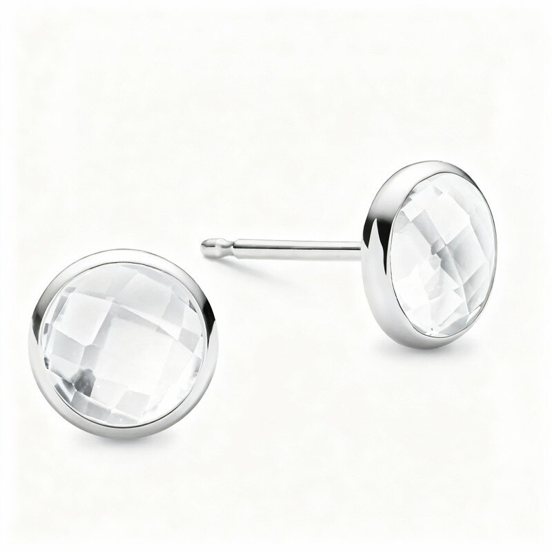10K White Gold Cubic Zirconia Personalized Birthstone & Round Stud Earrings-1