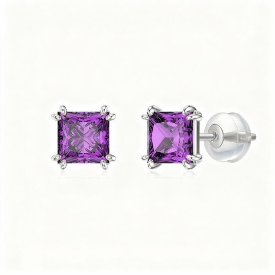 Boucles d'oreilles puces carrées personnalisées en or blanc 10 carats avec zircon cubique et pierre de naissance