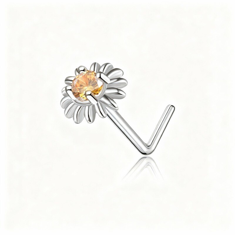 Anillo nasal de oro blanco de 10 quilates con circonita cúbica y piedra natal personalizada en forma de girasol-8