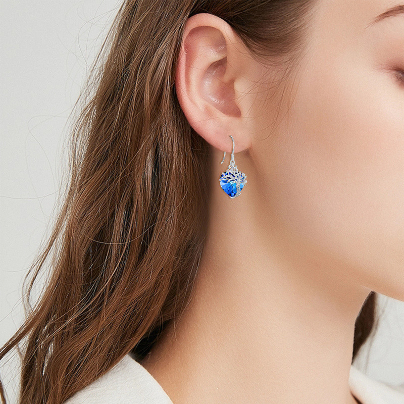 Pendientes colgantes personalizados de oro de 18 quilates con piedra natal, árbol de la vida y corazón para mujer-2
