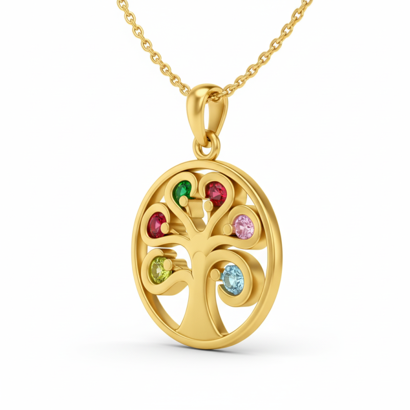 Collar con colgante del árbol de la vida en oro blanco de 10 quilates, circonita cúbica y piedra natal personalizada.-3