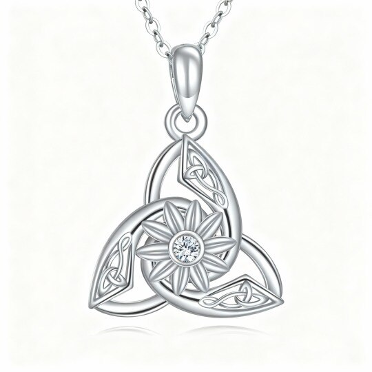 Collar con colgante de oro blanco de 10 quilates con circonitas cúbicas, piedra natal personalizada, flores silvestres, nudo celta y nudo espiral celta.