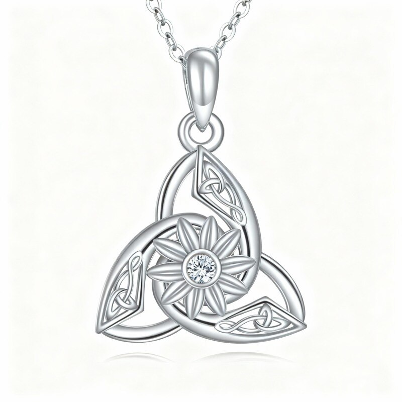 Collier pendentif en or blanc 10 carats avec zircon cubique, pierre de naissance personnalisée, fleurs sauvages, nœud celtique et spirale celtique-14