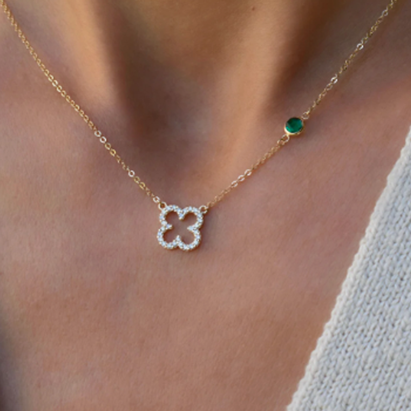 Collier pendentif fleurs sauvages en or blanc 10 carats avec zircon cubique et pierre de naissance personnalisée-3