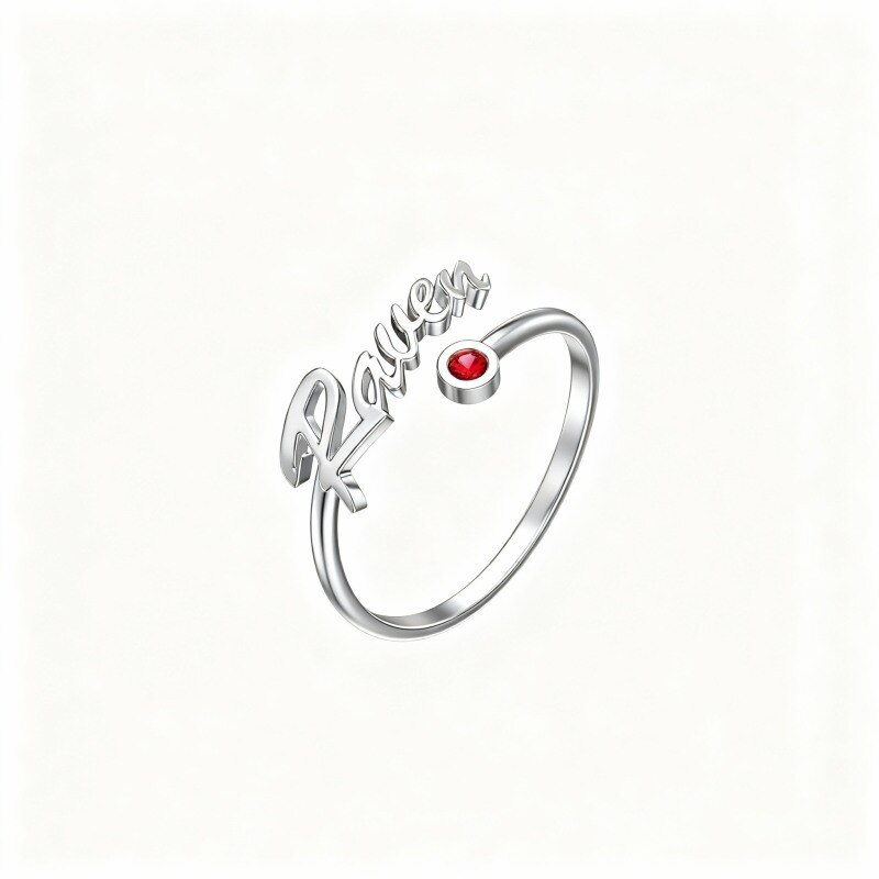14K White Gold Cubic Zirconia Personalized Classic Name Birthstone Ring-1