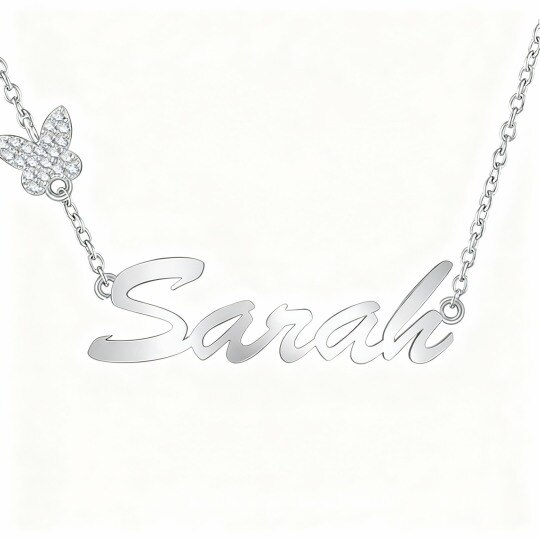 Collier pendentif papillon classique personnalisé en or blanc 10 carats avec zircon cubique et prénom