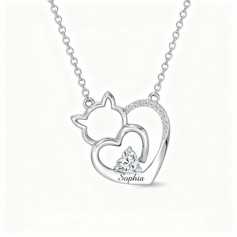 10K White Gold Cubic Zirconia & Personalized Classic Name Cat Pendant Necklace-15