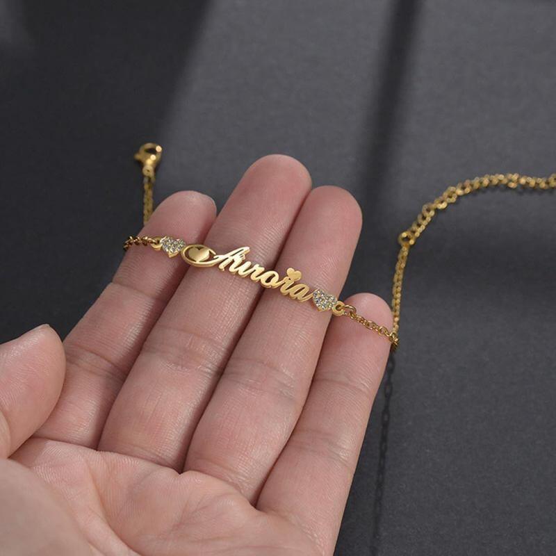 18K Gold Cubic Zirconia Personalized Classic Name Charm Bracelet for Women-3