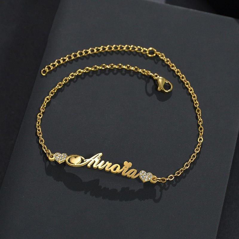18K Gold Cubic Zirconia Personalized Classic Name Charm Bracelet for Women-4