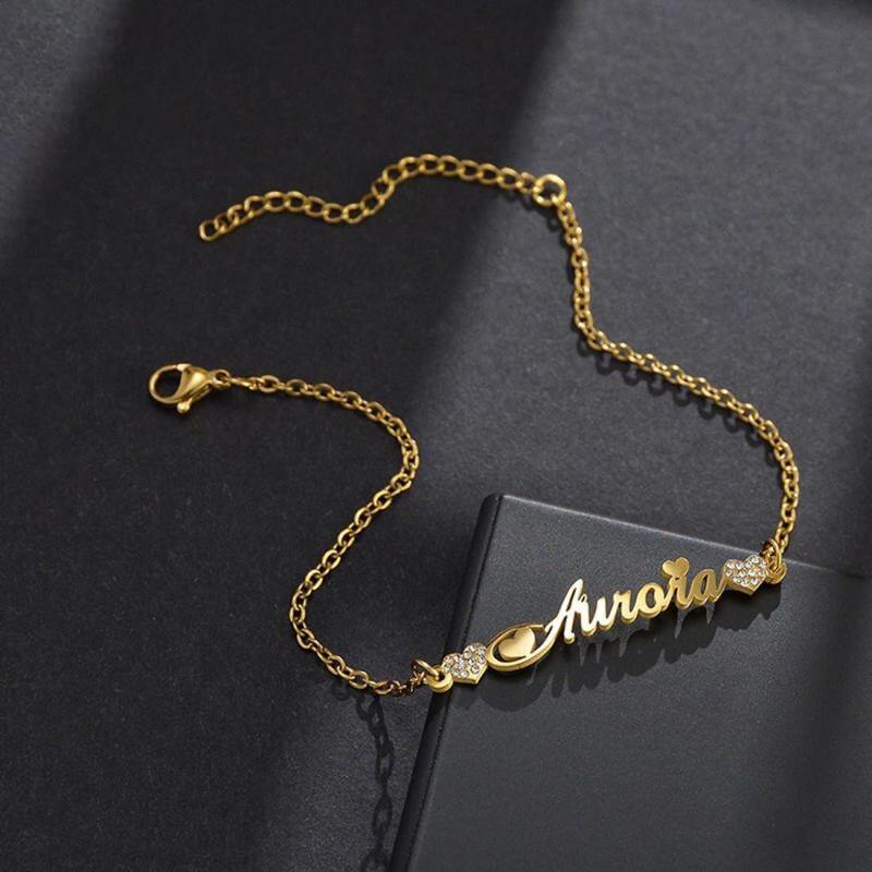 18K Gold Cubic Zirconia Personalized Classic Name Charm Bracelet for Women-5