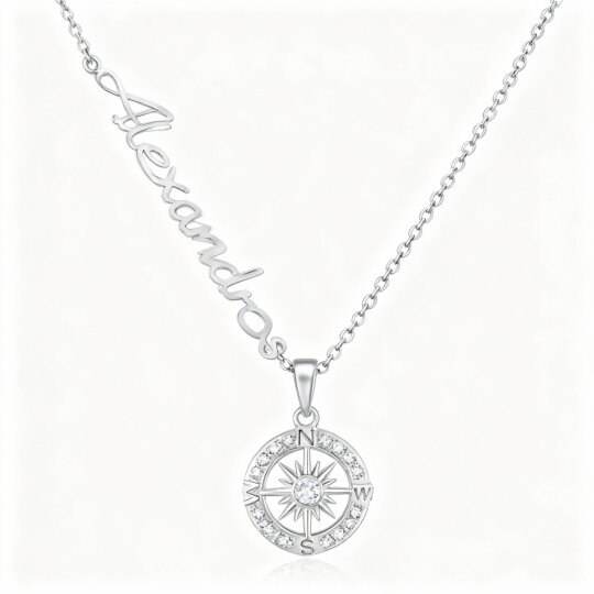 Collier pendentif personnalisé classique en or blanc 10 carats avec zircon cubique et nom, boussole