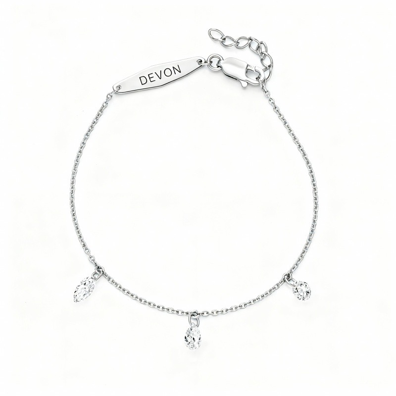 10K White Gold Cubic Zirconia Personalized Classic Name & Drop Shape Charm Bracelet-1