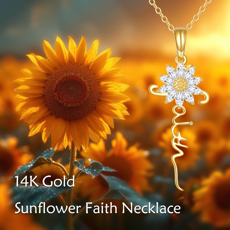 Collar con colgante de girasol clásico personalizado con circonita cúbica y oro de 14 quilates-6