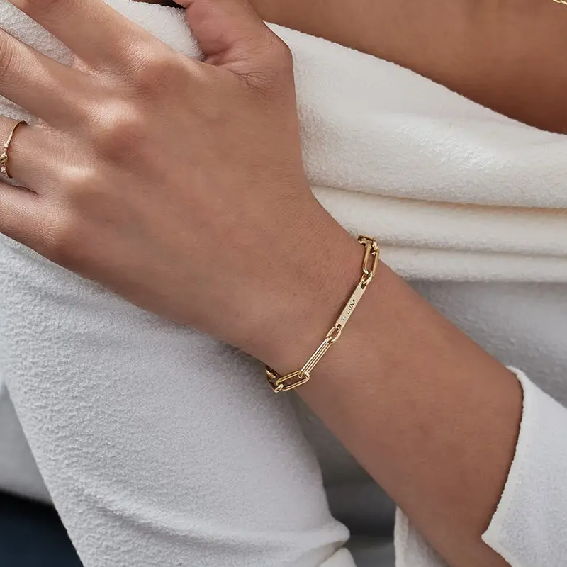 14K Gold Personalized Engraving Cubic Zirconia Charm Bracelet for Women-3