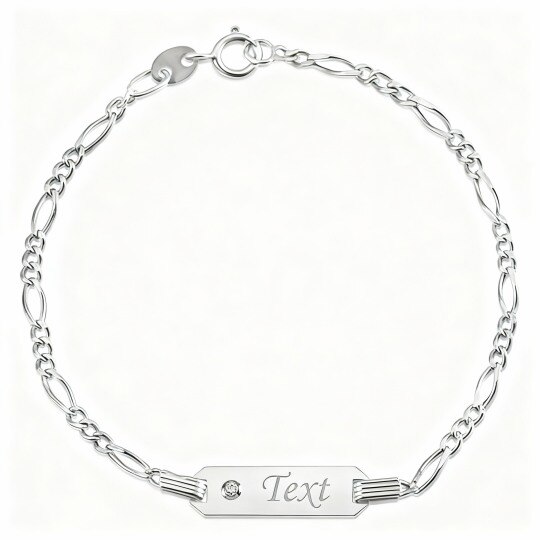 Bracelet d'identification personnalisé en or blanc 10 carats et zircon cubique avec gravure