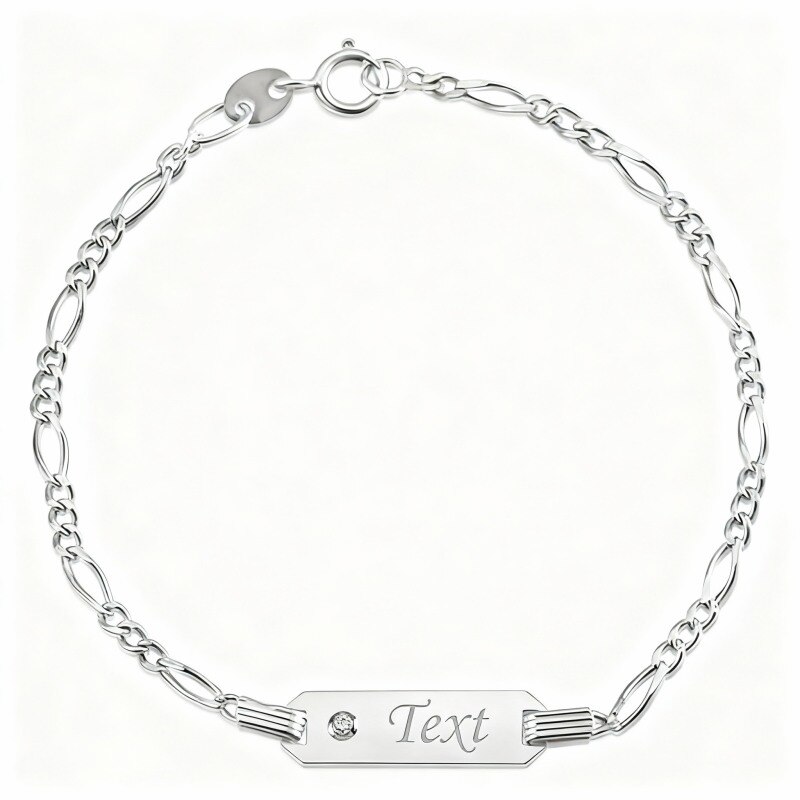 Bracelet d'identification personnalisé en or blanc 14 carats et zircon cubique avec gravure-1
