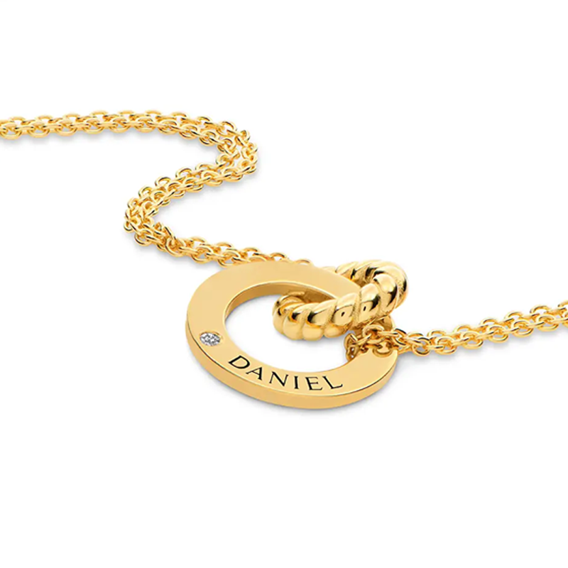 Personalisierte, gravierte Halskette aus 14-karätigem Gold mit ineinandergreifenden Kreisen für Damen-3