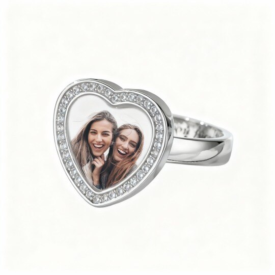 Anillo de oro blanco de 10 quilates con circonitas cúbicas, grabado personalizado, foto y corazón