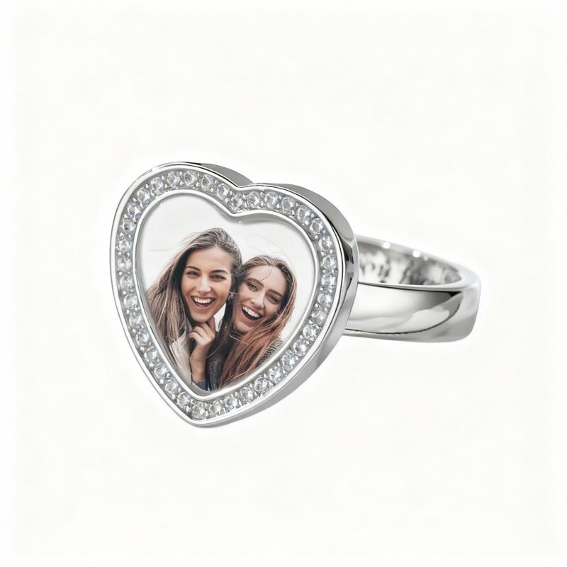 10K White Gold Cubic Zirconia Personalized Engraving & Personalized Photo & Heart Ring-17