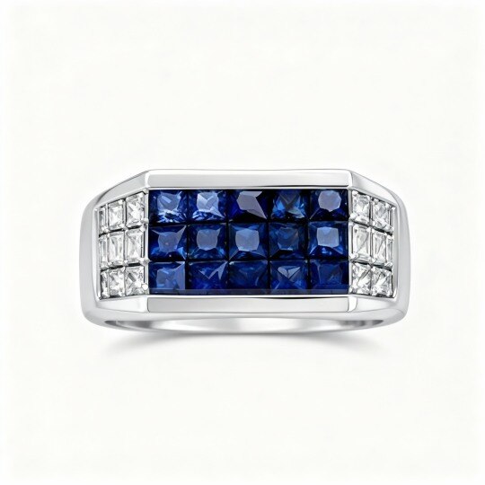 Anillo de oro blanco de 10 quilates con circonita cúbica y grabado personalizado para hombre