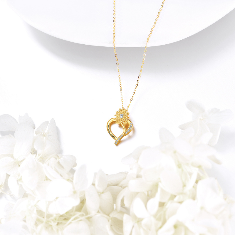 Collar de oro de 14 quilates con grabado personalizado en forma de corazón de girasol para mujer-4