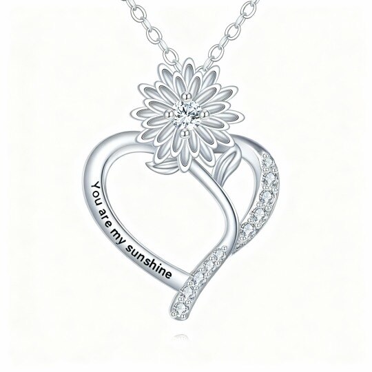 Collier pendentif tournesol et cœur en or blanc 10 carats avec zircon cubique et gravure personnalisée.