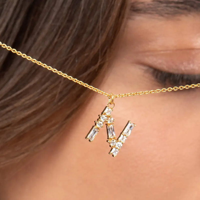 18K Gold Personalized Initial Necklace with Cubic Zirconia for Women-2