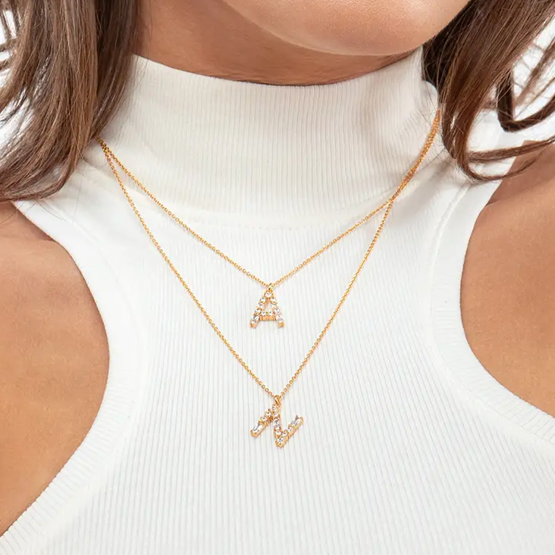 18K Gold Personalized Initial Necklace with Cubic Zirconia for Women-3