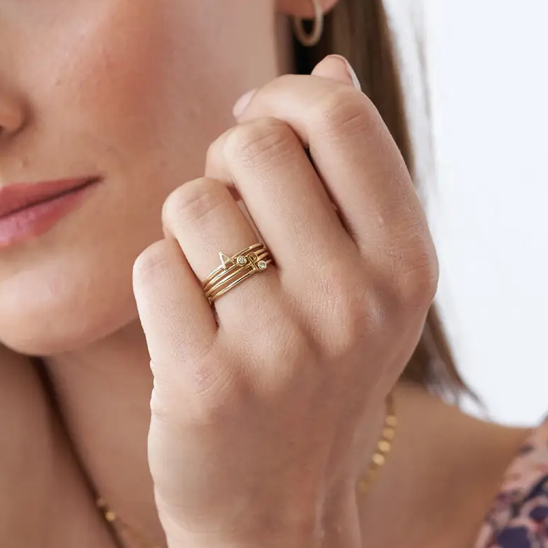 18K Gold Personalized Initial Cubic Zirconia Stacking Ring for Women-2